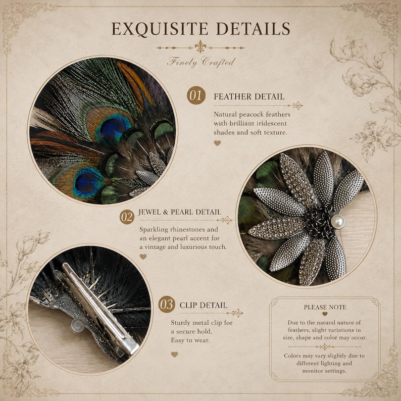 K&ouml;nnte beinhalten: Ein Haaraccessoire mit nat&uuml;rlichen Pfauenfedern in schillernden Farben, einem blumenf&ouml;rmigen Ornament mit funkelnden Strasssteinen und einer zentralen Perle sowie einer stabilen Metallklammer. Der Text enth&auml;lt EXQUISITE DETAILS.