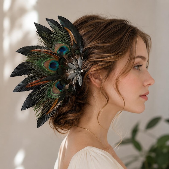 Black Peacock Feather Hair Fascinator, Handmade Bridal Headpiece, Vintage Gothic Wedding Hair Clip, Boho Statement Hair Accessory Gift