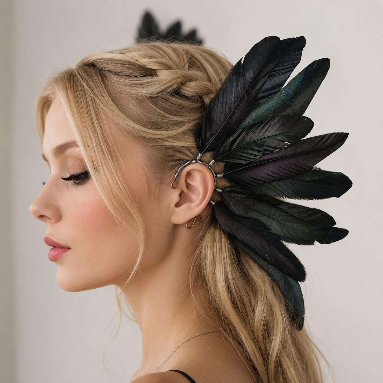 Black Feather Ear Cuff No Piercing, Gothic Ear Wrap, Handmade Ethical ...
