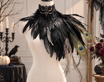 Gothic Feather Collar, Black Peacock Shawl, Halloween Costume Accessory, Ethical Feathers, Dark Academia Jewelry, Handmade Capelet