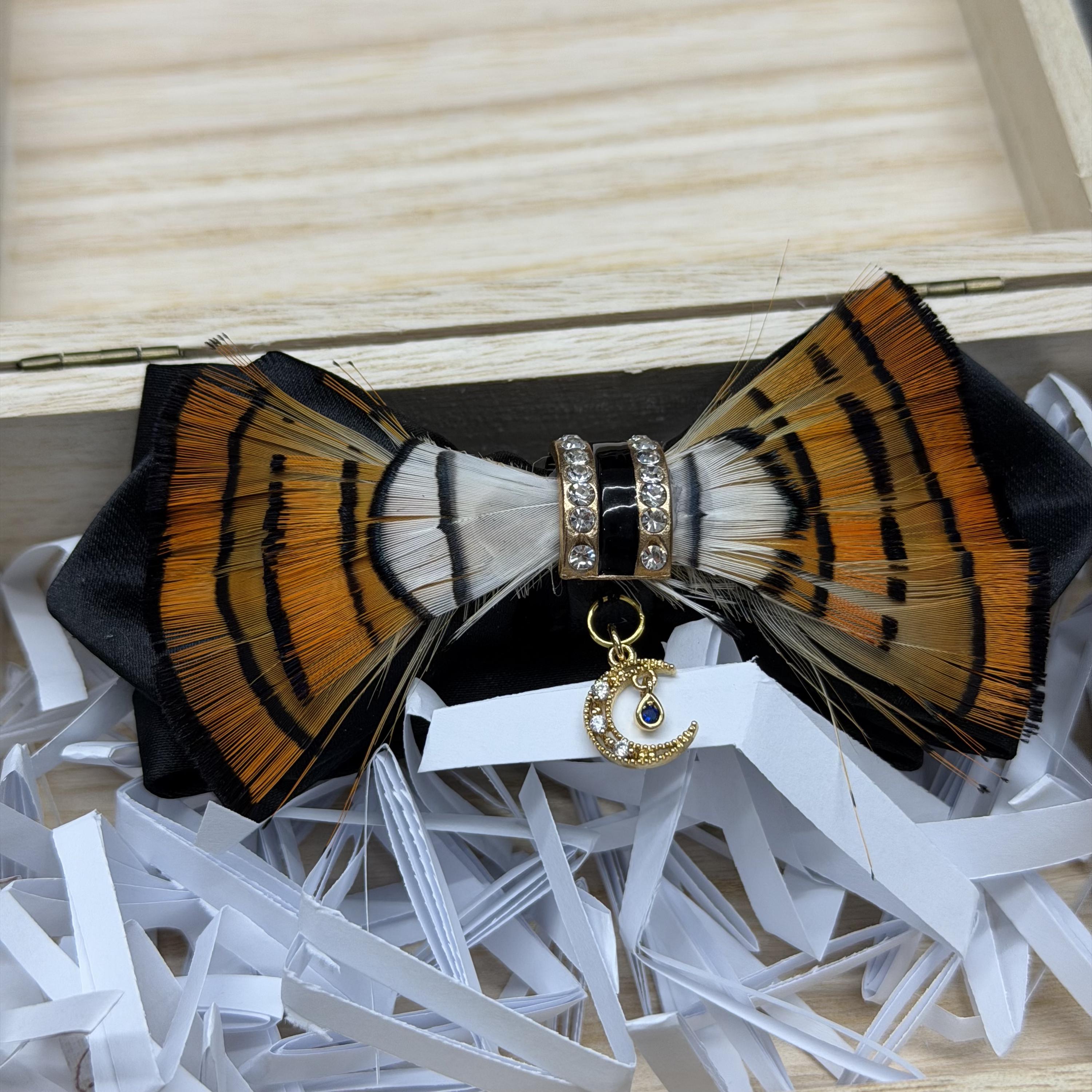 Handmade Feather Bow Tie with Moon Charm, Ethical Groom Wedding Bowtie, Wooden Gift Box
