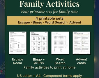 May include: A digital Christmas Family Activity Bundle featuring four printable sets: Escape Room, Bingo, Word Search, and Advent cards. The dark green graphic displays the text Christmas Family Activity Bundle, Family Activities, Four printable sets for family time, and Digital PDF Download. Four white pages with black text and line art are shown.