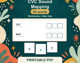 CVC Sound Mapping Worksheets: 50 Short Vowel Words, Elkonin Boxes and Letter Tiles