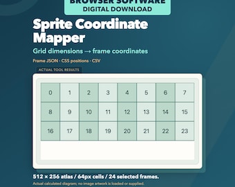 May include: Brendon David Designs Sprite Coordinate Mapper digital software download. Features a grid diagram with 24 numbered cells, 512 x 256 atlas, 64px cells, and output options for Frame JSON, CSS positions, and CSV data formats.