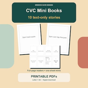 CVC Decodable Mini Books Printable, 10 Text-Only Short Vowel Stories, Folded and Full-Page PDFs