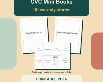 CVC Decodable Mini Books: 10 Text-Only Short Vowel Stories, Folded and Full-Page PDFs