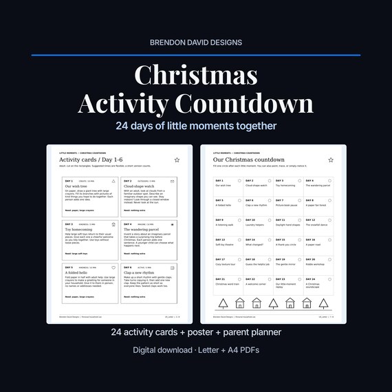 Christmas Activity Countdown with actual day 1-6 cards and a 24-day poster. The printable set includes a parent planner, blank cards and two paper sizes.