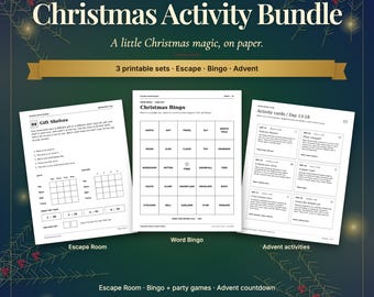 Christmas Activity Bundle Printable: Kids Escape Room, Bingo and 24-Day Advent Cards
