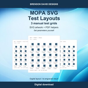 MOPA Test Grid SVG Pack, 3 manuella layouter för effekt, frekvens och radavstånd, xTool F2 Ultra