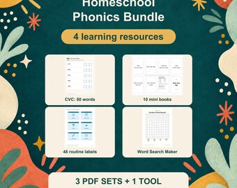 Homeschool Phonics Bundle: CVC Worksheets, Decodable Mini Books, Routine Cards, Word Search Maker