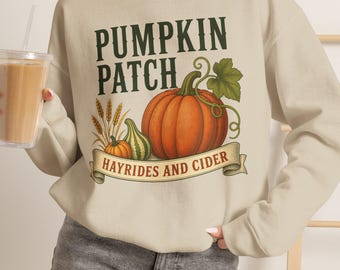 Pumpkin Patch Sweatshirt / Hayrides and Cider Fall Crewneck / Autumn Pumpkin Graphic Sweatshirt / Womens Vintage Farmhouse Sweatshirt