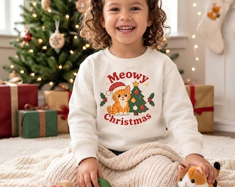 Weihnachtspullover und -hoodie für Kinder / Miauende Weihnachtskatze / Pullover für Kleinkinder und Jugendliche / Orangefarbene Tabby-Weihnachtsmütze / Geschenk für Katzenliebhaber