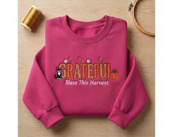 Embroidered Thanksgiving Grateful Sweatshirt Hoodie | Fall Harvest Pumpkin Pullover | Cottagecore Autumn Gift for Cat Lovers