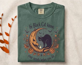 Vintage Black Cat Halloween Shirt, Gothic Witchy Crescent Moon Pumpkin Graphic Tee, Comfort Colors Cat Mom Dark Academia T-Shirt