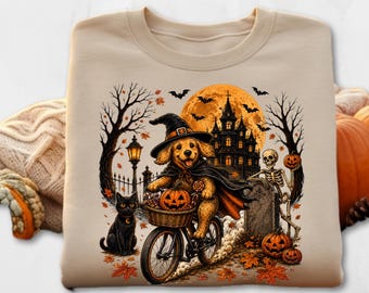 Witch Dog Halloween Sweatshirt, Vintage Golden Retriever Haunted House Pumpkin Crewneck,  Black Cat Skeleton Bicycle, Plus Size Dog Mom Gift