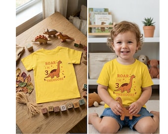 Personalized Roar I'm 3 Dinosaur Kids T-Shirt | Custom Name & Age Toddler Birthday Gift