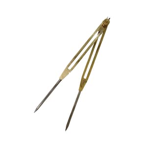 May include: A brass proportional divider with two steel points. The tool features a sliding adjustment and measurement markings. It is designed for scaling measurements, commonly used in drafting or art.