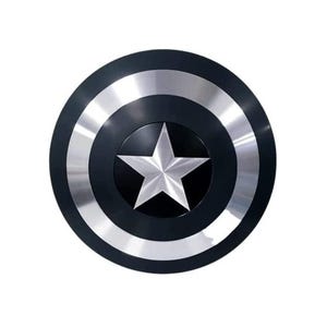 May include: A circular shield featuring a black border and a silver metallic inner ring. The centre of the shield is black with a silver, five-pointed star. The shield has a glossy finish against a white backdrop.
