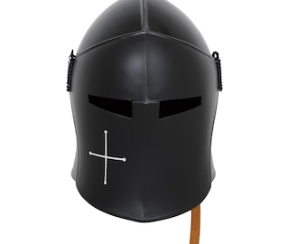 Schwarzer mittelalterlicher Barbuta Helm, Krieger Ritter Rüstung aus gebürstetem Stahl