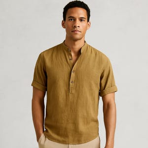 Men&#39;s Linen Cotton Pullover Shirt - Elegant Casual Short Sleeve Top for Summer Streetwear, Comfortable Relaxed Fit Shirts
