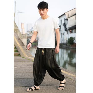 Men&#39;s Summer Embroidered Harem Baggy Pants, Boho Hippie Trousers, Baggy Yoga Lounge Wear Bottoms, Loose Streetwear Pants