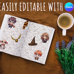 May include: An open book with illustrations of characters and symbols from a popular fantasy series. The book is next to a cup of coffee and a bouquet of purple flowers. The text "EASILY EDITABLE WITH Canva" is at the top.