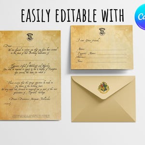 May include: A set of parchment-style invitations and an envelope featuring the Hogwarts crest. The invitations have handwritten text and spaces for personal details. The envelope is a light tan colour.