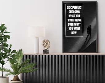 Citazione motivazionale sulla disciplina - Poster stampabile minimalista, decorazione per ufficio ispiratrice, stampa tipografica in bianco e nero