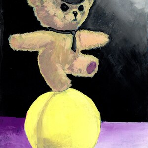 May include: A whimsical painting of a teddy bear wearing a black hat and tie, balancing on a yellow sphere. The bear is painted in shades of tan and cream, set against a dark background with a purple base.