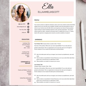 Op de afbeelding: Een roze en witte cv-sjabloon. Het cv bevat een foto, contactgegevens en secties voor profiel, opleiding, ervaring en gemeenschapsdienst. De tekst "RESUME TEMPLATE" staat onderaan.