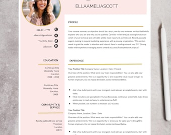 May include: A resume template with a pink and white design. The resume includes a photo, contact information, and sections for profile, education, experience, and community service. The text "RESUME TEMPLATE" is at the bottom.