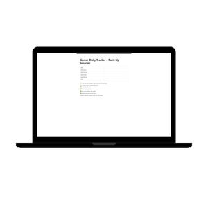 May include: A black laptop displaying a "Gamer Daily Tracker - Rank Up Smarter" template. The screen shows a checklist with fields for date, game, and notes, along with a list of goals. The laptop is on a white background.