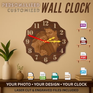 Può includere: Un orologio da parete in legno personalizzato con la foto di una coppia. L'orologio ha una finitura marrone, con le parole "PERSONALIZED CUSTOMIZED WALL CLOCK" in alto. Le lancette dell'orologio sono rosse e gialle. Il testo "YOUR PHOTO • YOUR DESIGN • YOUR CLOCK" è in basso.