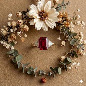May include: A ring featuring a large, rectangular, deep red gemstone set in a gold band, flanked by two smaller triangular clear stones on each side, centered within a circular arrangement of dried white flowers and green eucalyptus leaves.