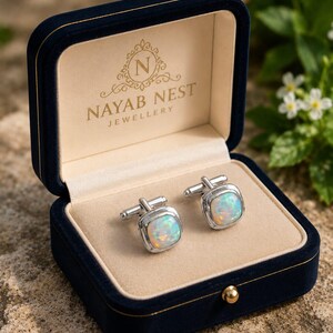 Abotoaduras de Opala Natural 8 x 8 mm, Abotoaduras de Opala Fogo Arco-Íris, Abotoaduras Masculinas com Pedras Preciosas, Presente de Casamento Elegante, Joias Formais para Noivo