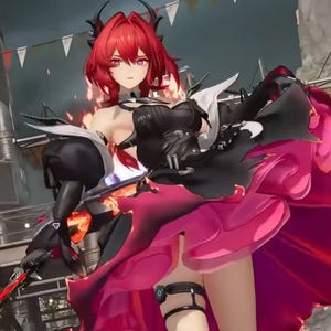 May include: A digital illustration of a female character with red hair and eyes, wearing a black and pink dress with armor-like accents. The character has horns and is holding a red sword, with a fiery background.
