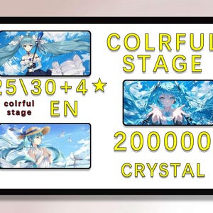 Peut inclure: Une affiche encadrée avec le texte "COLRFUL STAGE" en jaune. L'affiche présente trois images de personnages d'anime aux cheveux bleus. Le texte "200000 CRYSTAL" est également affiché.