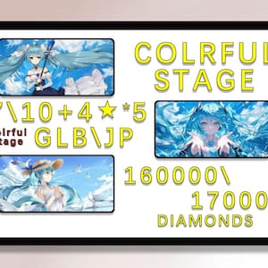 Puede incluir: Imagen enmarcada con ilustraciones de estilo anime de un personaje con largo cabello azul claro. El texto "COLRFUL STAGE" y valores numéricos se muestran en amarillo. La imagen también incluye las palabras "DIAMONDS".