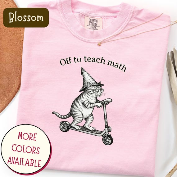 Funny Cat Math Teacher Shirt: Off to Teach on Scooter