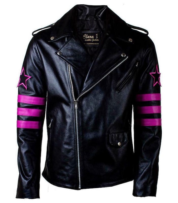 Men's Black Leather Biker Jacket: Pink Star Stripe Rockstar