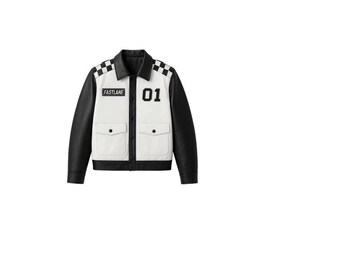 Men's Checkered Flag Racing Leather Jacket Black & White Varsity Style ...