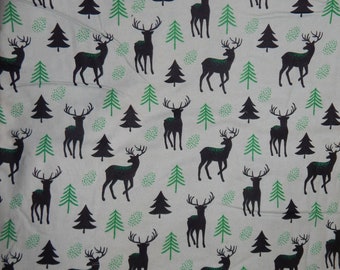 cotton flannel fabric blue deer BTY lodge Christmas tree green stag outdoor by the yard craft sew