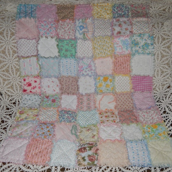 shabby cottage chic baby blanket rag quilt vintage chenille flannel cotton floral rose I spy crib size custom order infant nursery stripe