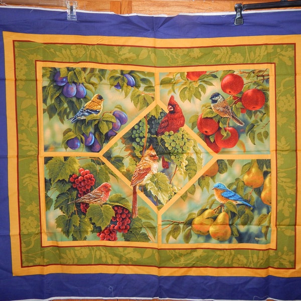 Bird Sanctuary fabric panel wall hanging cotton quilt Cardinal Oriole Bluebird fruit Rosemary Millette plum pear grapes apple tree 35 X 44