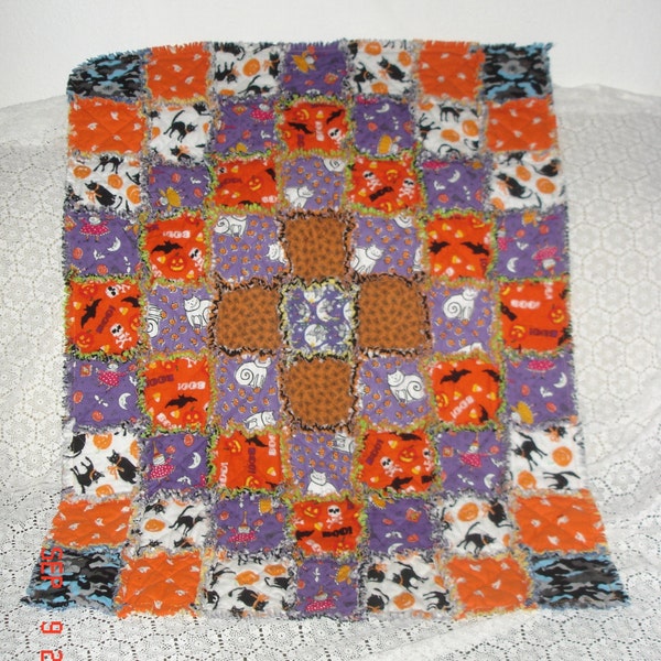 Halloween baby blanket rag quilt cotton flannel black cat ghost orange boo bat witch pumpkin Jack O Lantern handmade purple Ready to Ship