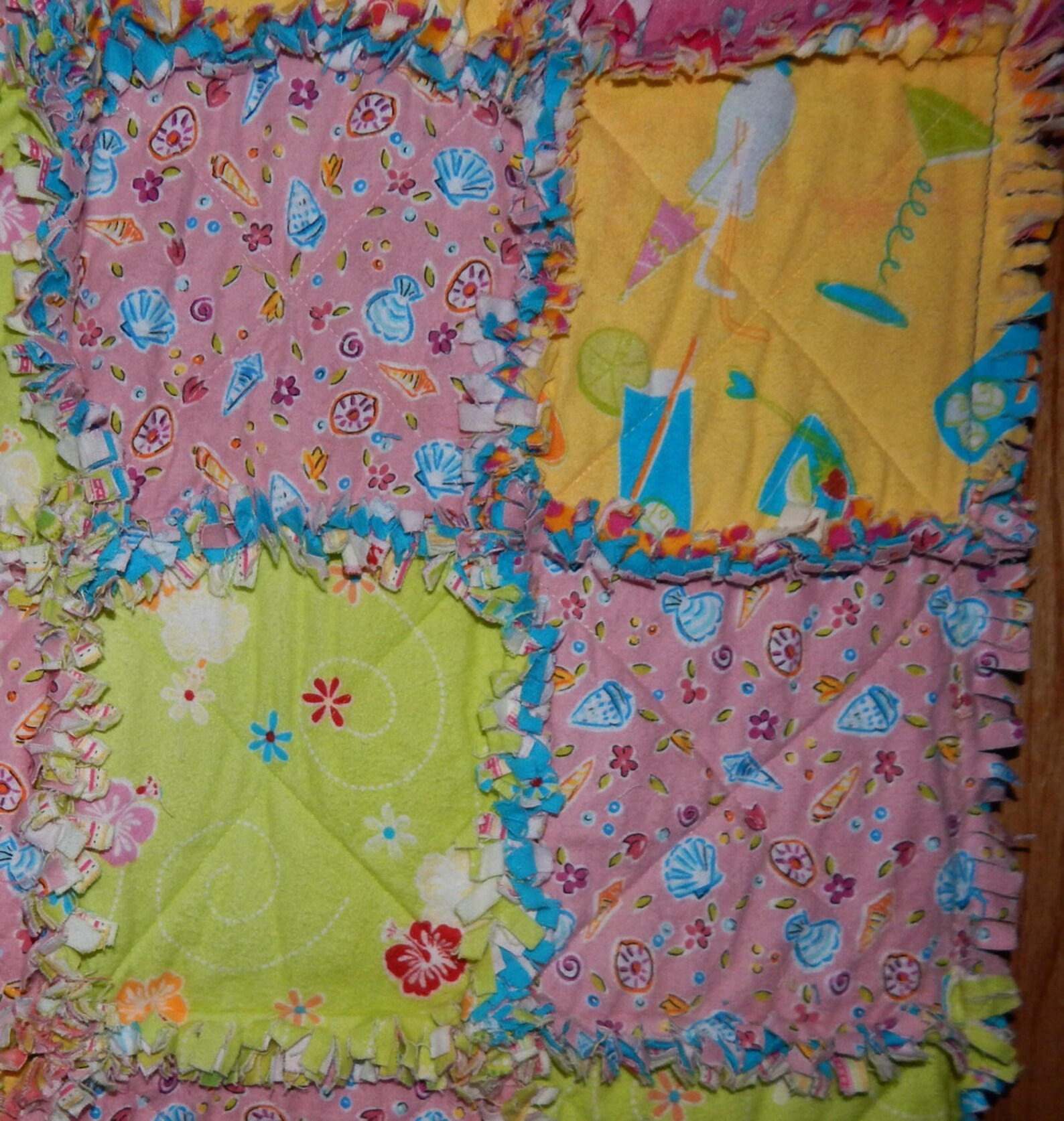 Handmade Rag Quilt Beach Blanket Cotton Flannel Pink Green Etsy