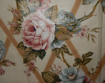 vintage English Garden floral cotton chintz fabric rose pink blue cottage flower home decorating home dec curtain sheen trellis