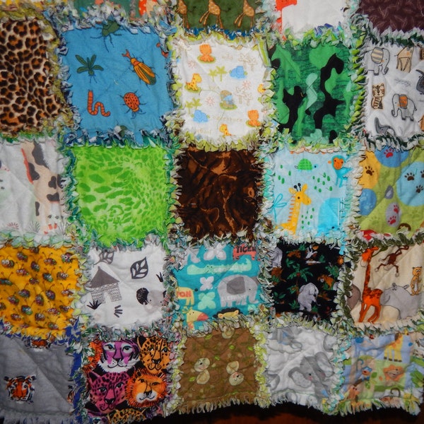 handmade jungle themed XL baby quilt flannel cotton floral I spy extended crib size 36 X 55 green elephant lion giraffe tiger camo monkey