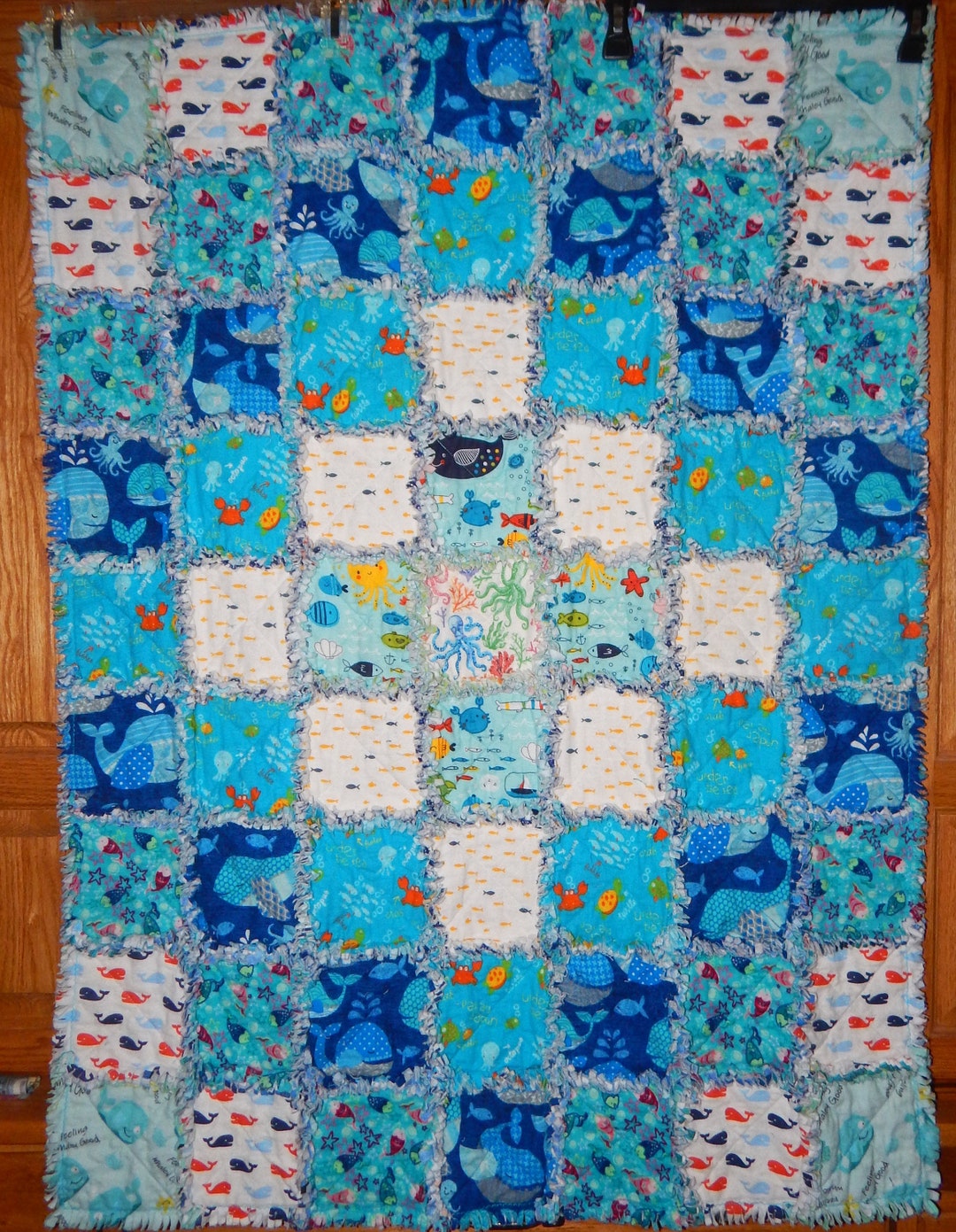 Under the Sea Baby Quilt Blanket Rag Cotton Flannel Crib Size Blue ...