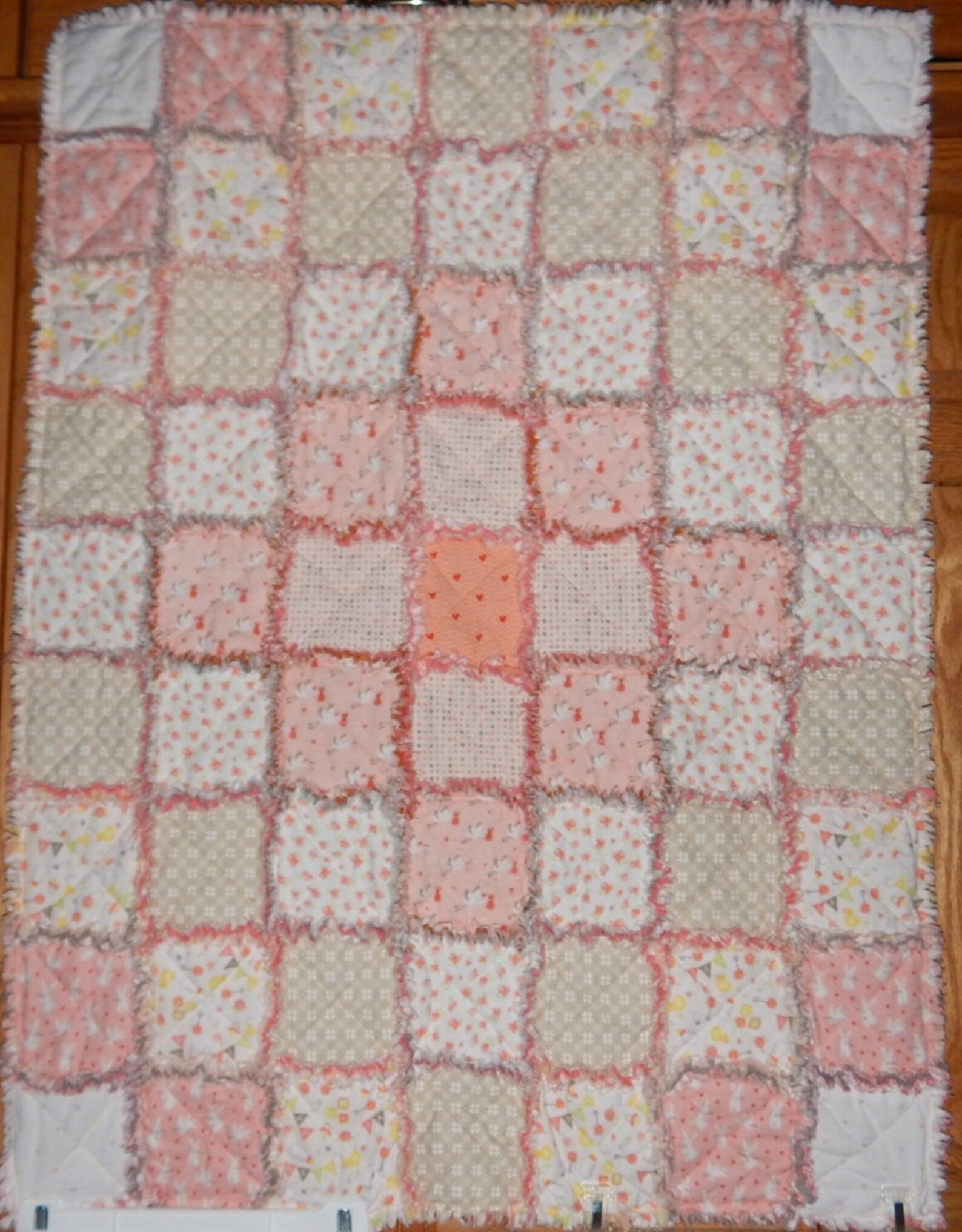 Baby Girl Quilt Blanket Rag Cotton Flannel Peach Coral White Heart Moda